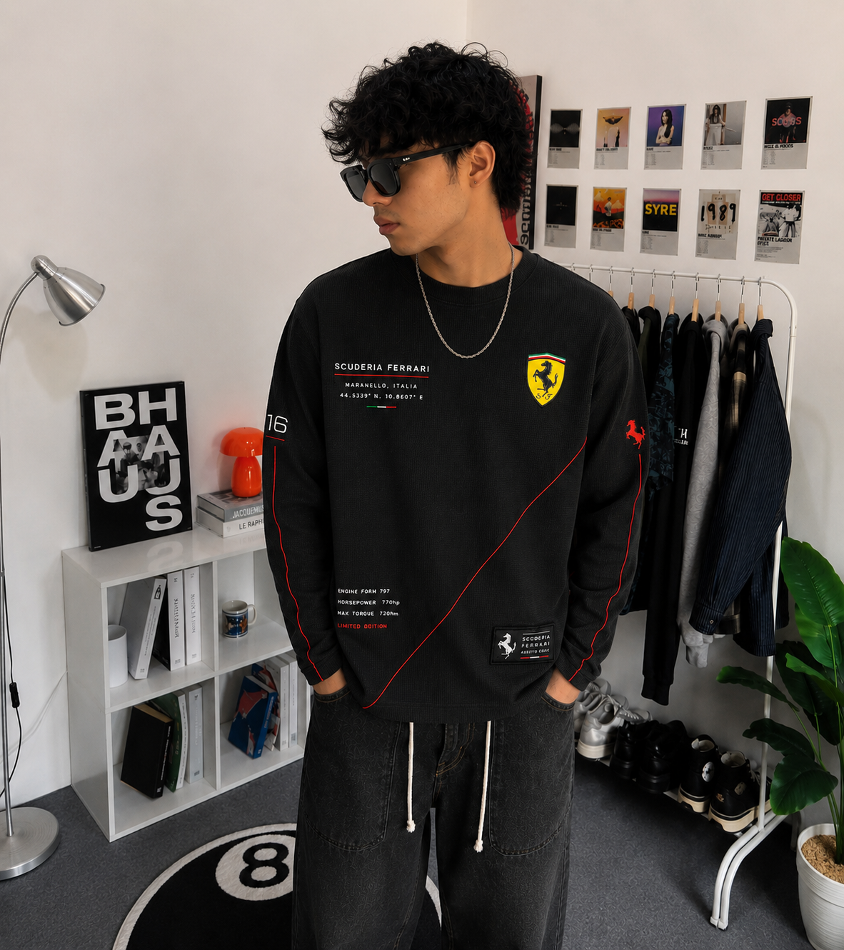 SCUDERIA RACING WAFFLE FULL-SLEEVE T-SHIRT – BLACK