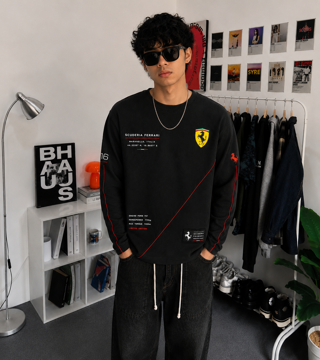 SCUDERIA RACING WAFFLE FULL-SLEEVE T-SHIRT – BLACK