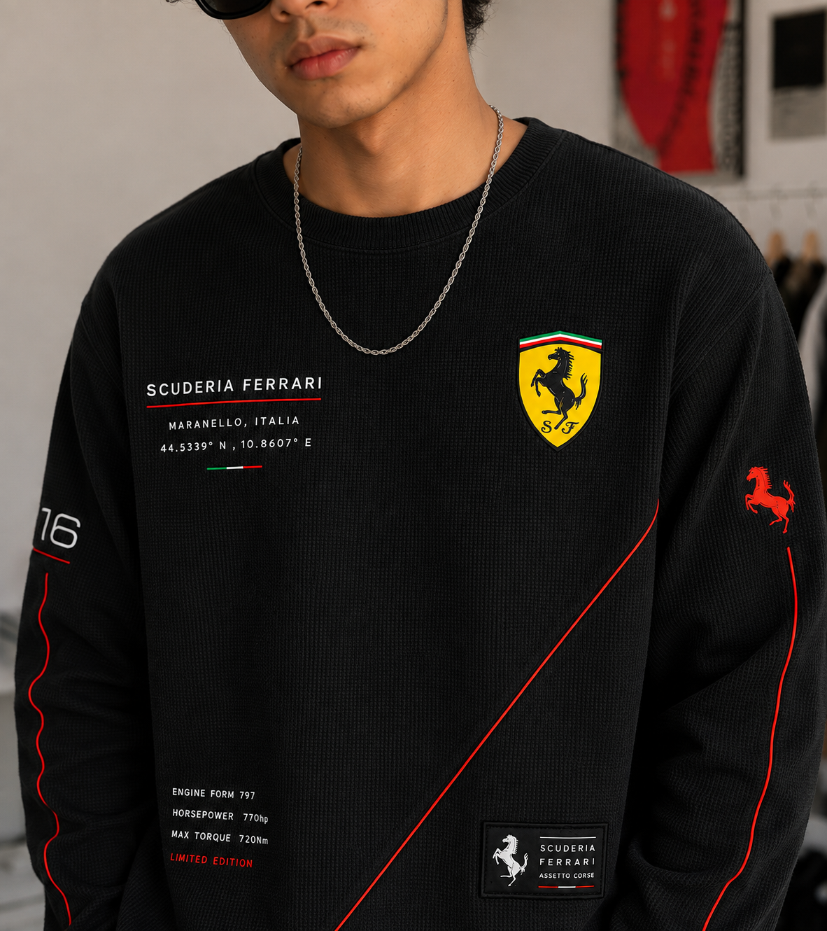 SCUDERIA RACING WAFFLE FULL-SLEEVE T-SHIRT – BLACK