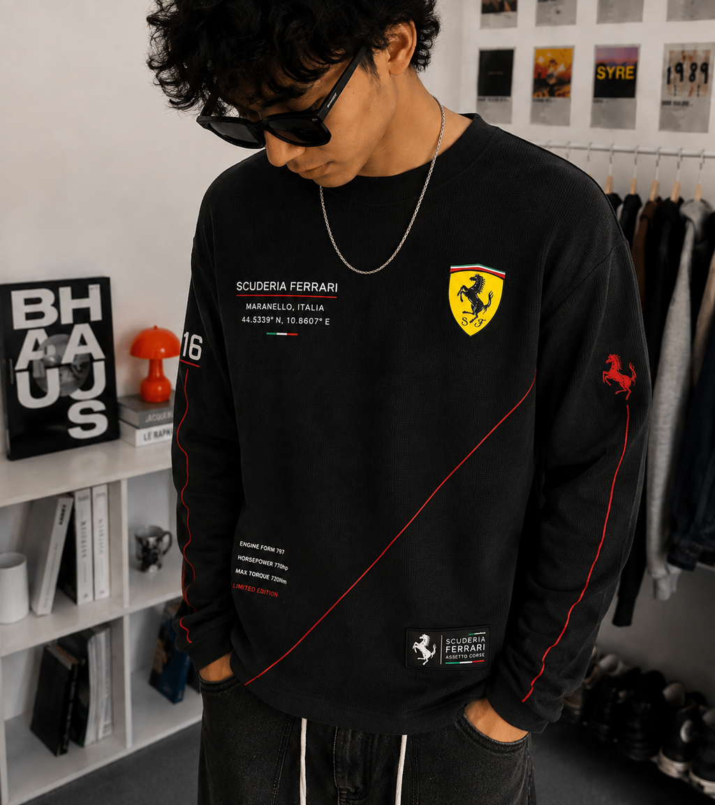 SCUDERIA RACING WAFFLE FULL-SLEEVE T-SHIRT – BLACK