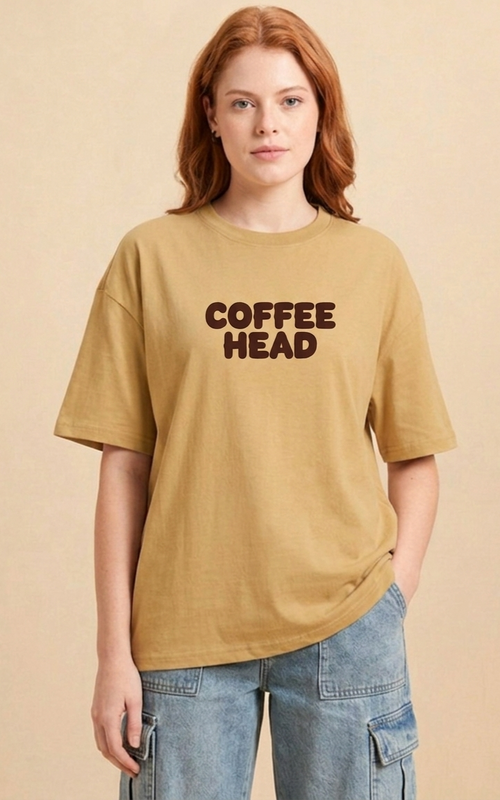 Coffee Head Graphic Printed Oversized Beige T-Shirt for Women 100% Premium Cotton