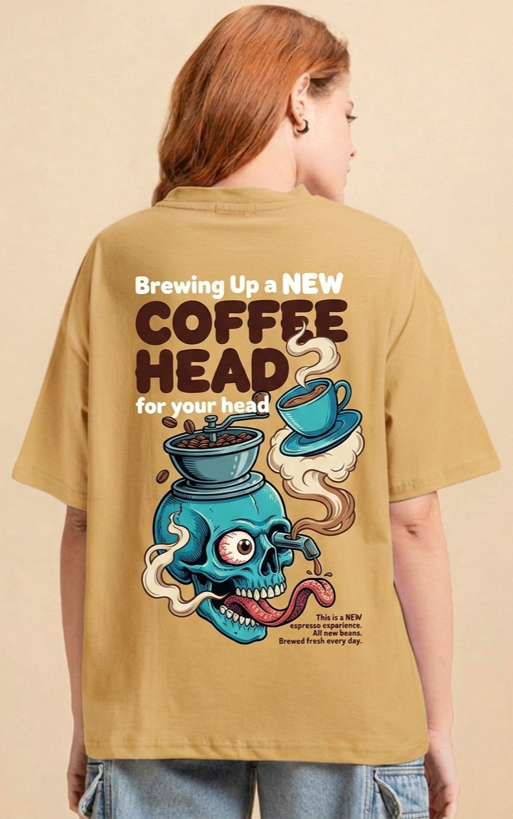 Coffee Head Graphic Printed Oversized Beige T-Shirt for Women 100% Premium Cotton