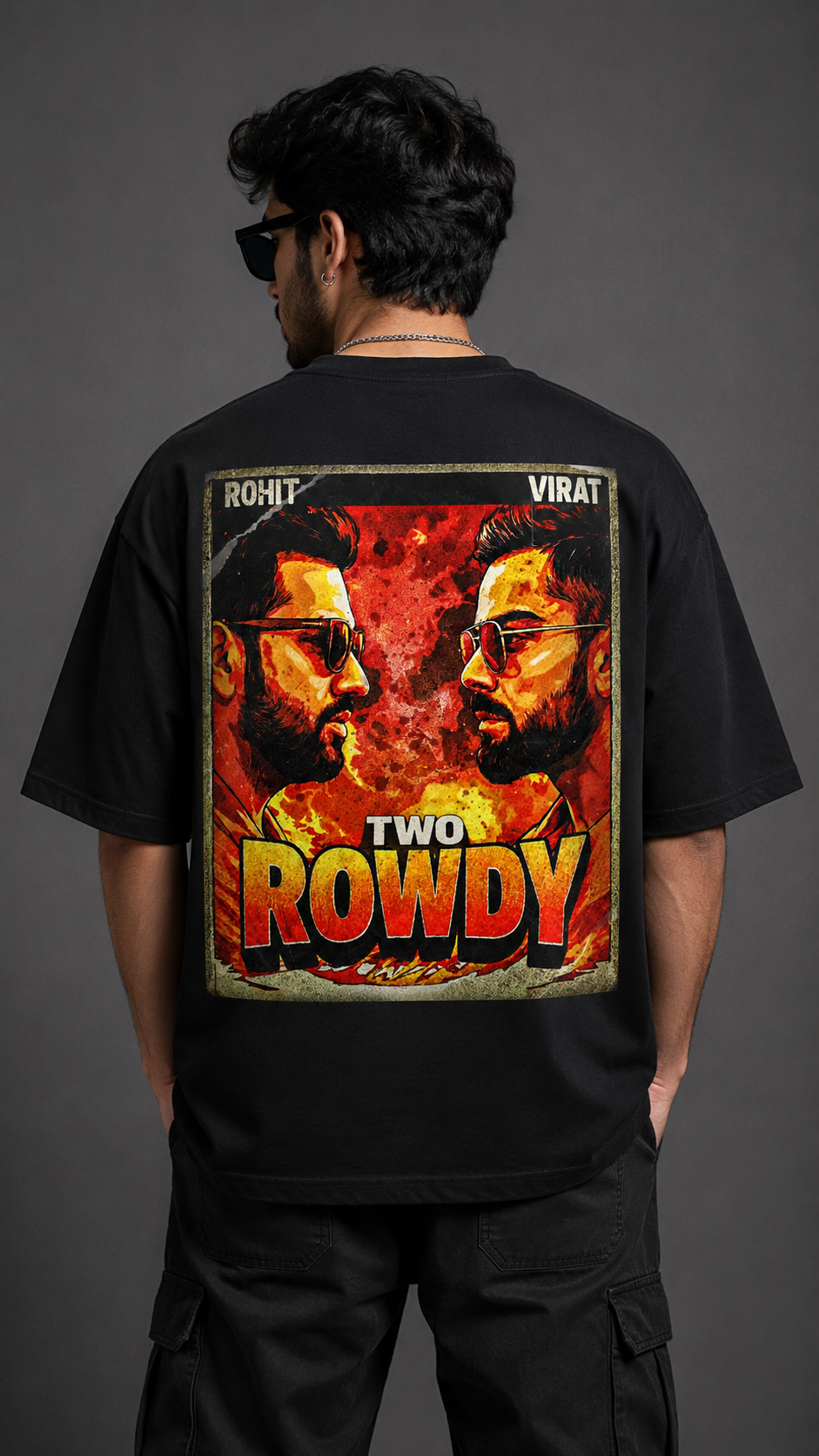 Rohit x Virat Two Rowdy Oversized Black Graphic T-Shirt Edition 100% Cotton