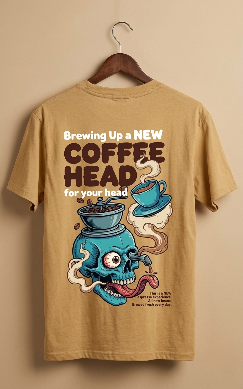 Coffee Head Graphic Printed Oversized Beige T-Shirt for Women 100% Premium Cotton