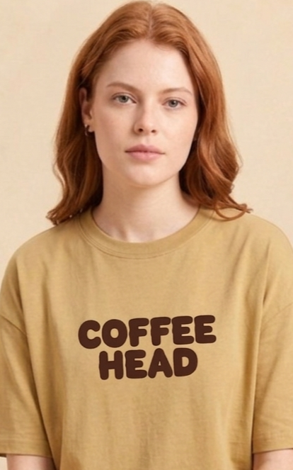 Coffee Head Graphic Printed Oversized Beige T-Shirt for Women 100% Premium Cotton