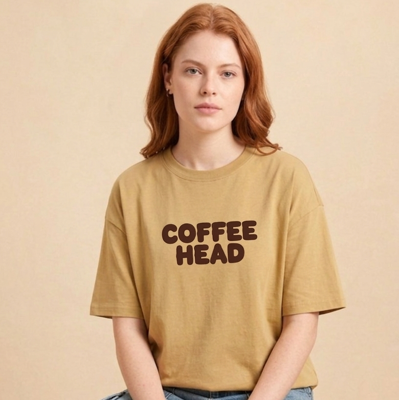 Coffee Head Graphic Printed Oversized Beige T-Shirt for Women 100% Premium Cotton
