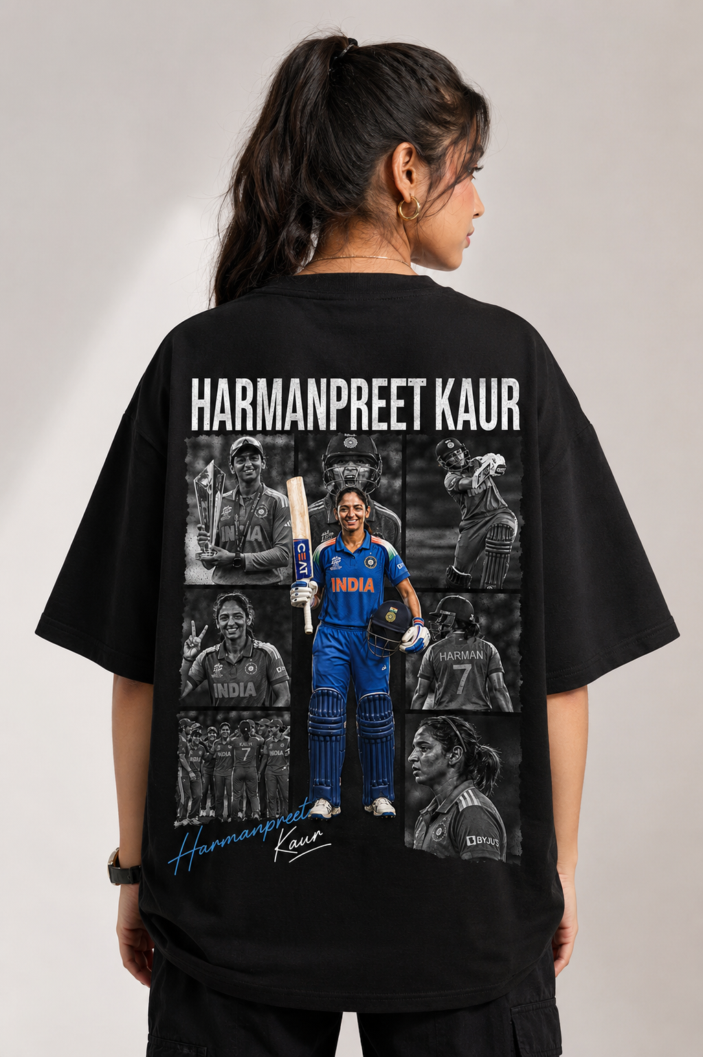Harmanpreet Kaur Tribute Graphic Oversized Black T-Shirt