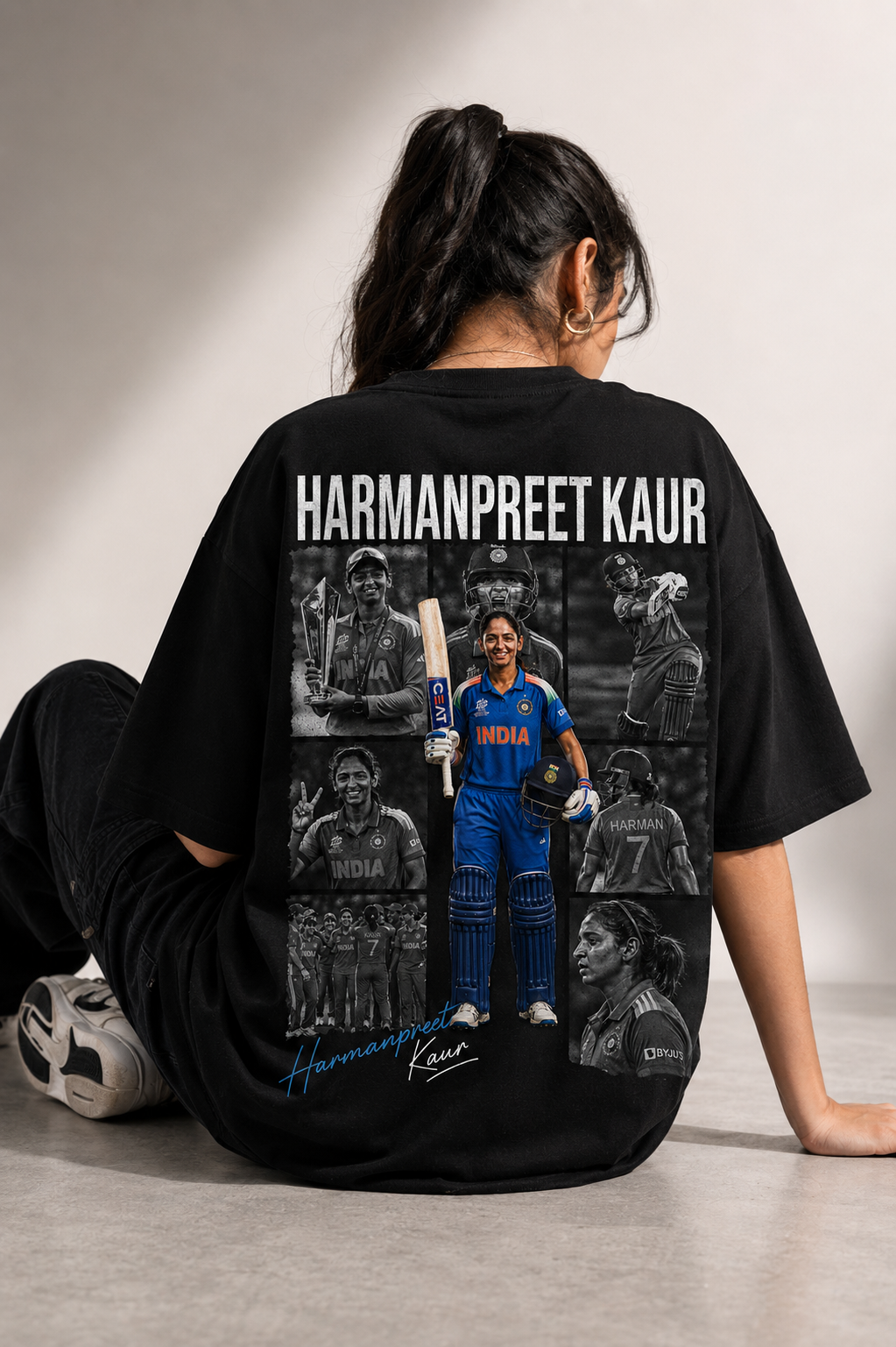 Harmanpreet Kaur Tribute Graphic Oversized Black T-Shirt
