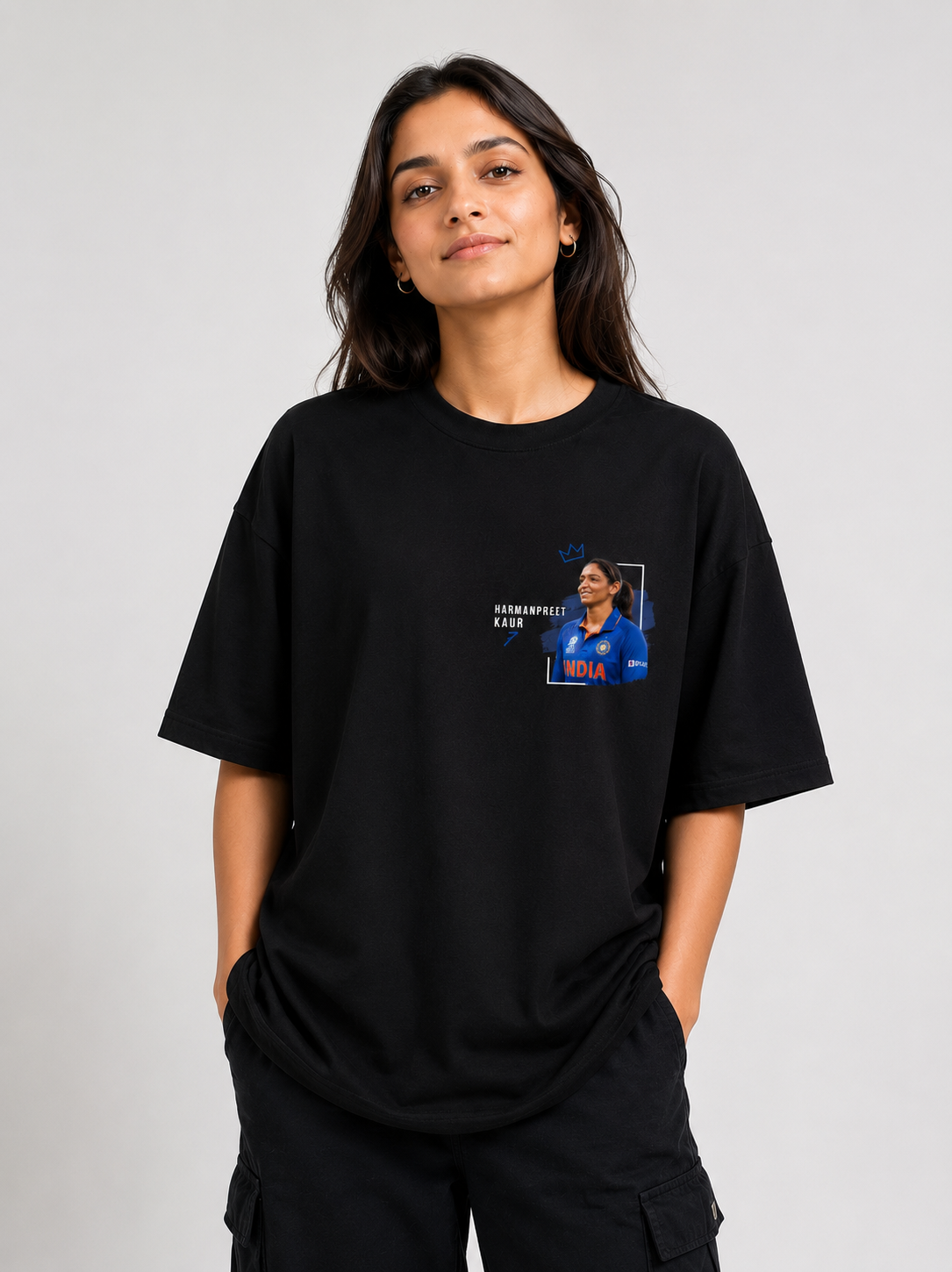 Harmanpreet Kaur Tribute Graphic Oversized Black T-Shirt