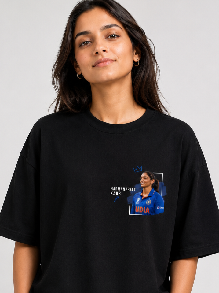 Harmanpreet Kaur Tribute Graphic Oversized Black T-Shirt