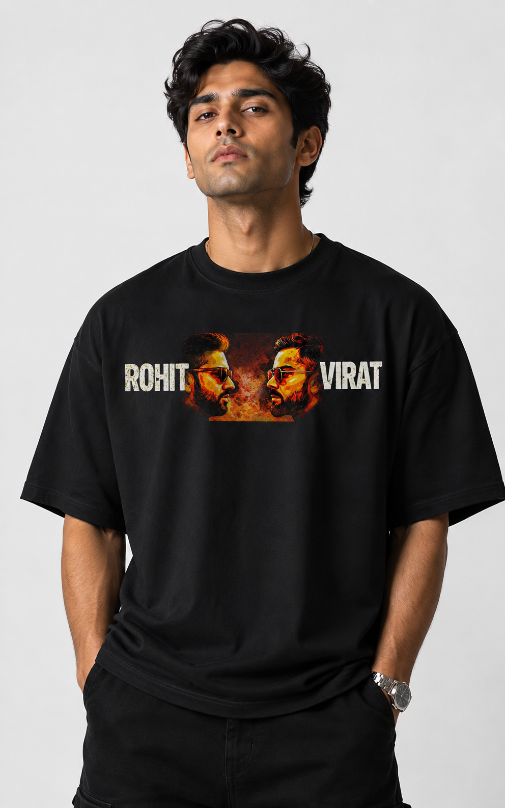 Rohit x Virat Two Rowdy Oversized Black Graphic T-Shirt Edition 100% Cotton