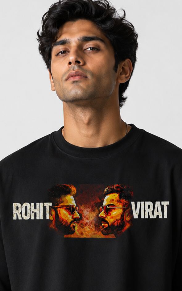 Rohit x Virat Two Rowdy Oversized Black Graphic T-Shirt Edition 100% Cotton