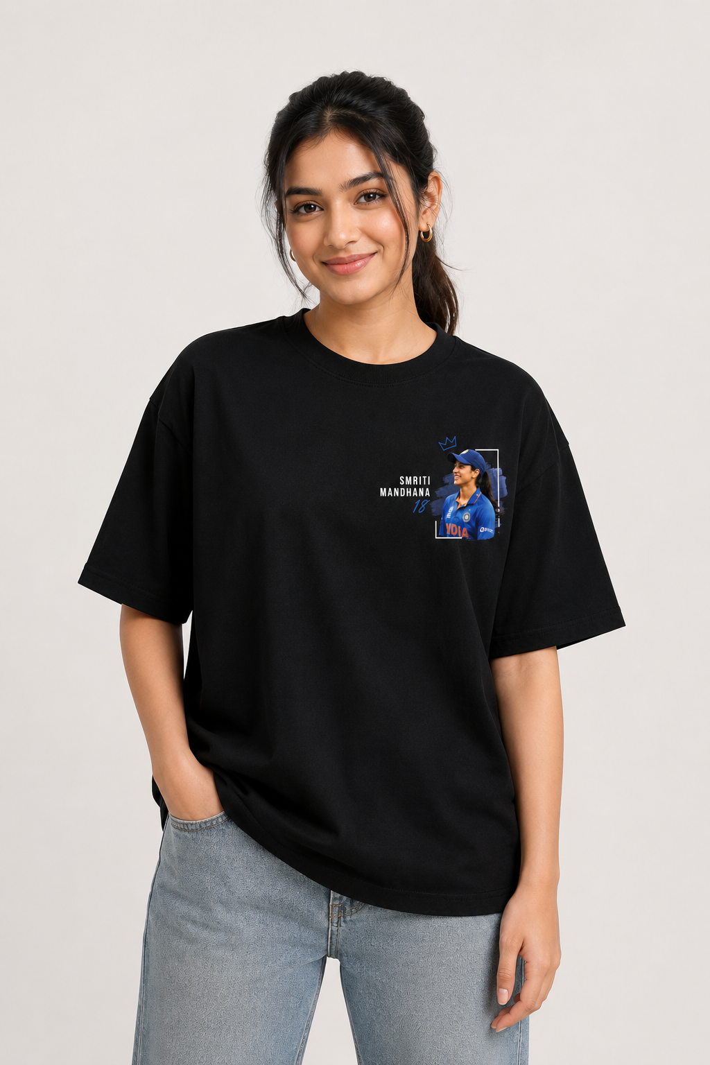 Smriti Mandana Printed Oversized Black T-Shirt 100% Premium Cotton – Cricket Fan Edition