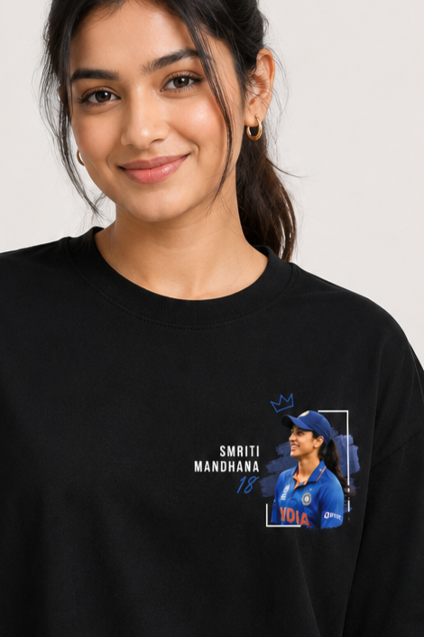 Smriti Mandana Printed Oversized Black T-Shirt 100% Premium Cotton – Cricket Fan Edition