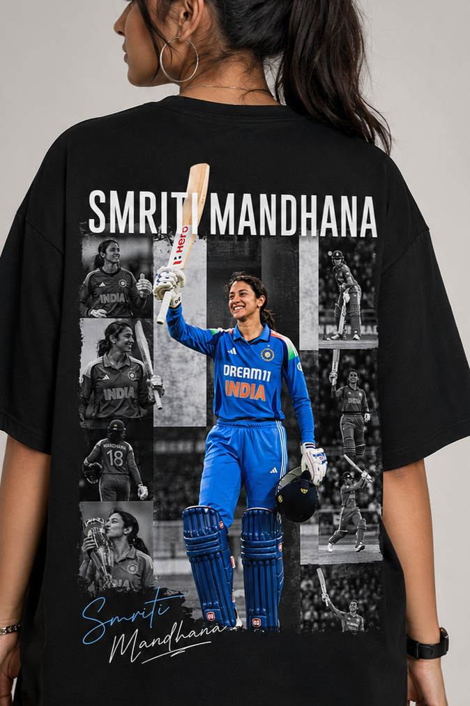 Smriti Mandana Printed Oversized Black T-Shirt 100% Premium Cotton – Cricket Fan Edition