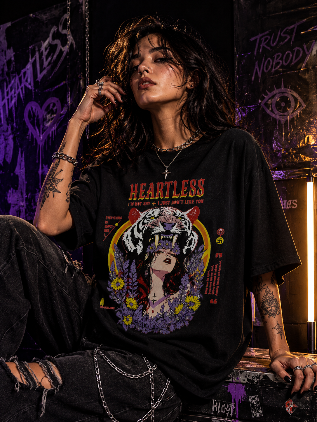 Heartless Graphic Oversized Black T-Shirt – Bold Streetwear for Women.