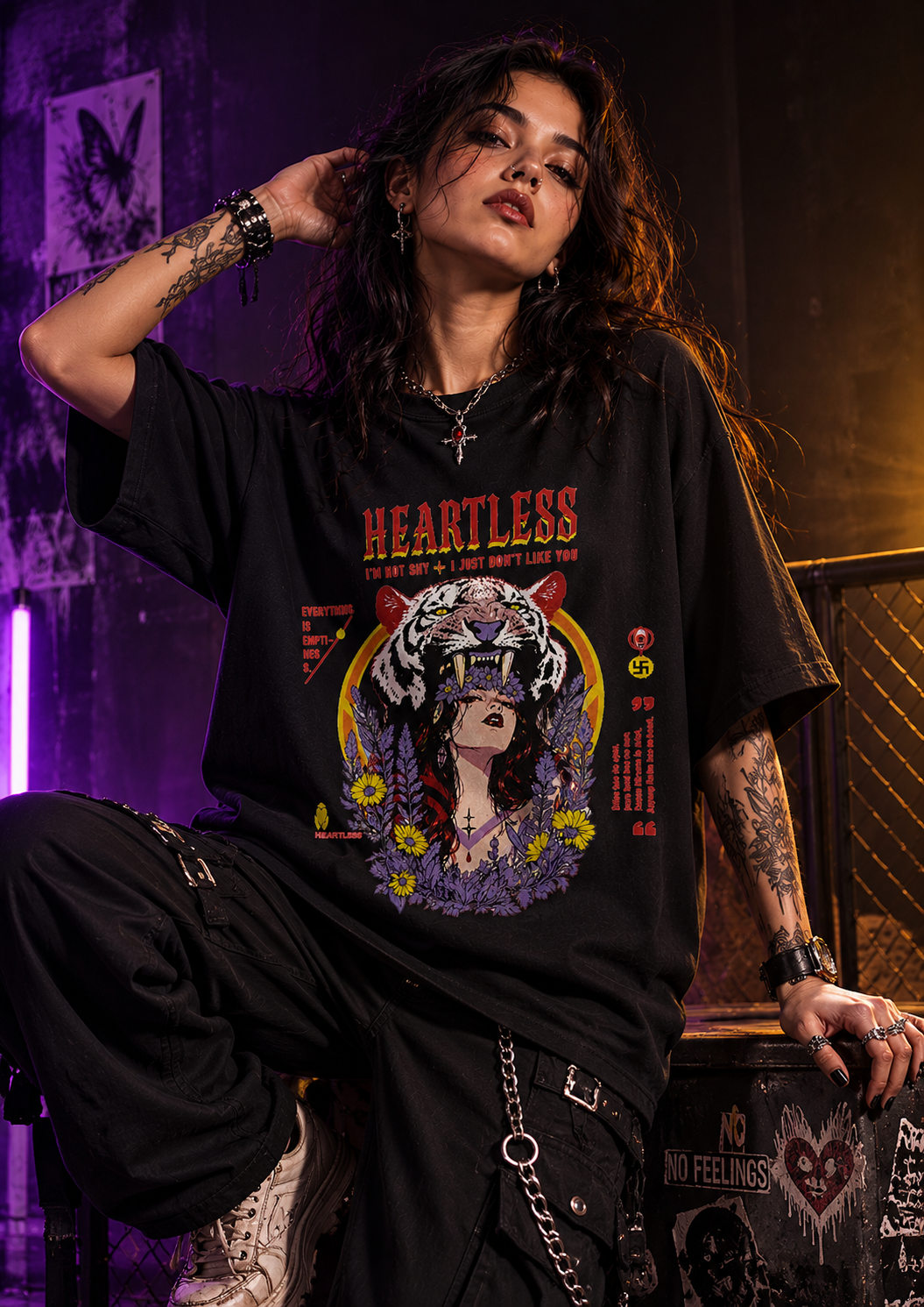 Heartless Graphic Oversized Black T-Shirt – Bold Streetwear for Women.