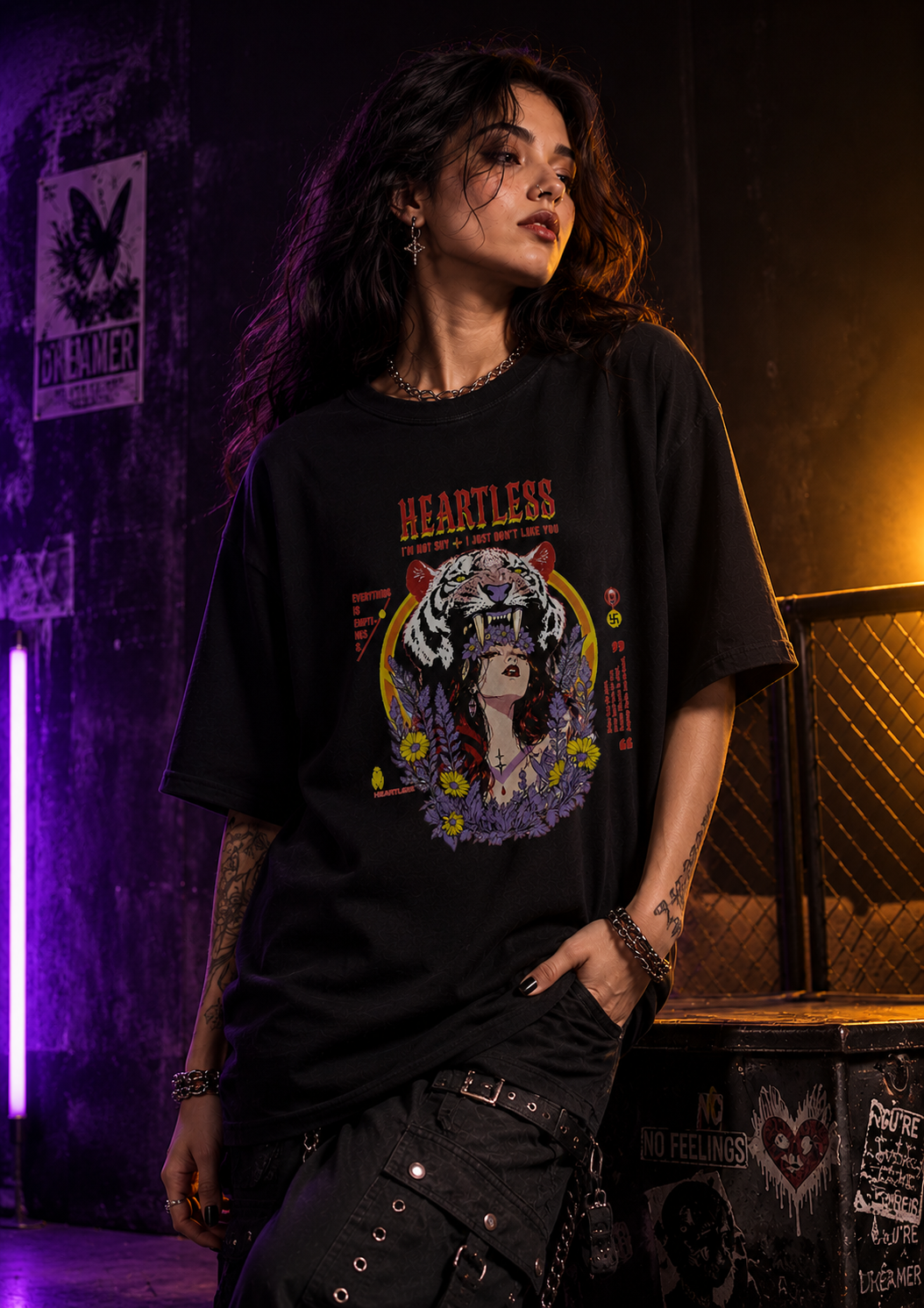 Heartless Graphic Oversized Black T-Shirt – Bold Streetwear for Women.