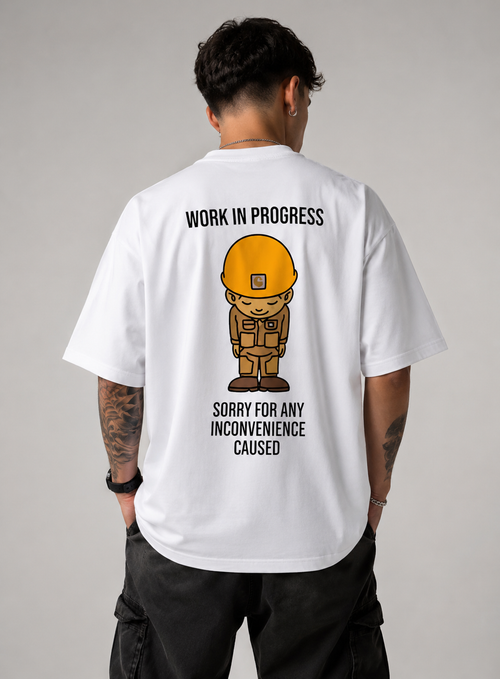 Work In Progress Oversized Graphic T-Shirt – White 100% Cotton